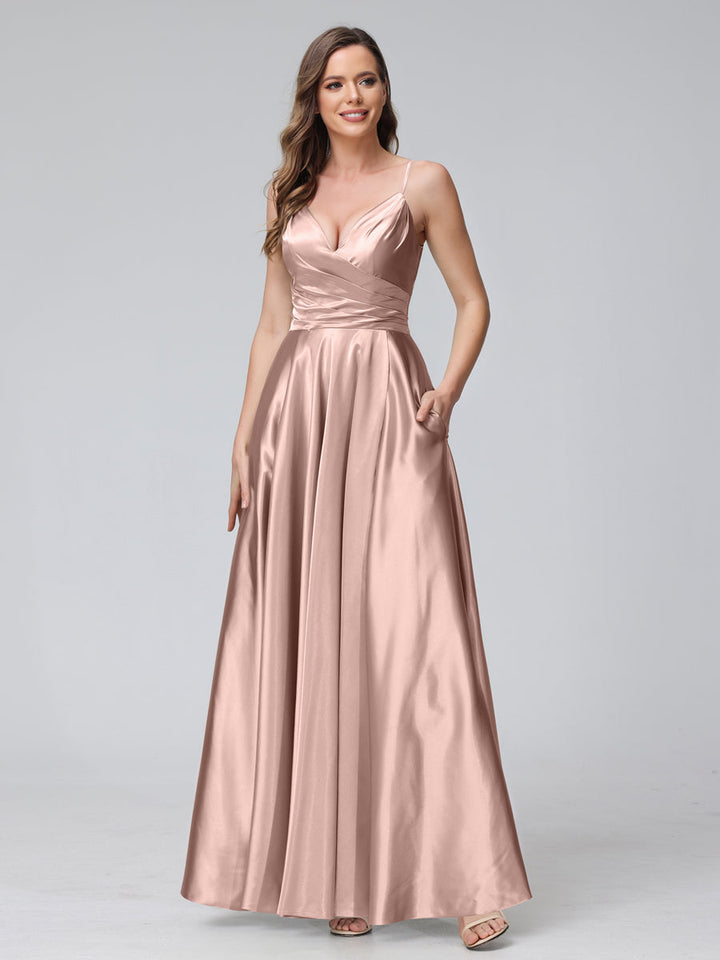 A-Line Sleeveless Long Silk Satin Bridesmaid Dresses with Pockets &amp; Split Side