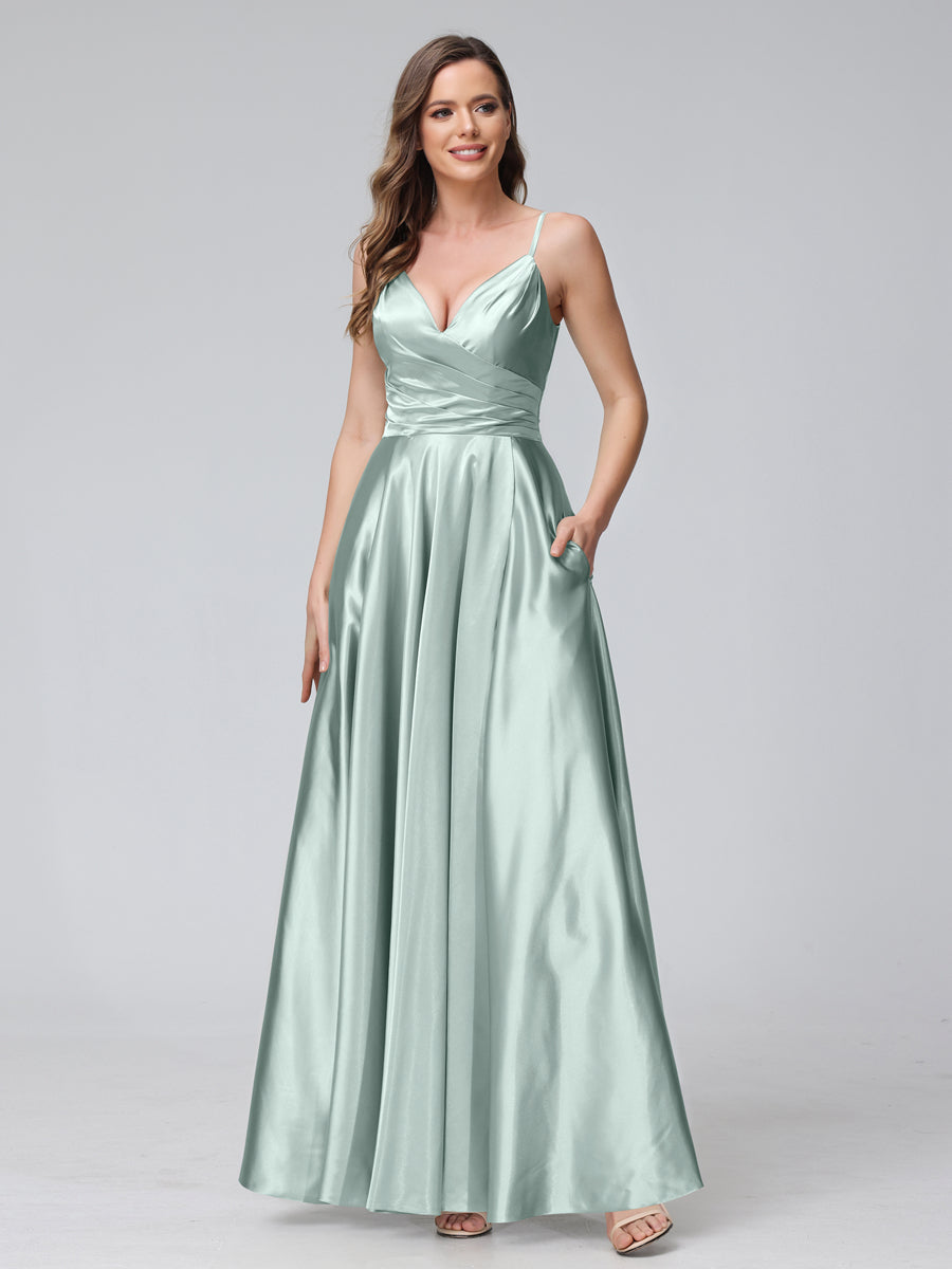 A-Line Sleeveless Long Silk Satin Bridesmaid Dresses with Pockets &amp; Split Side