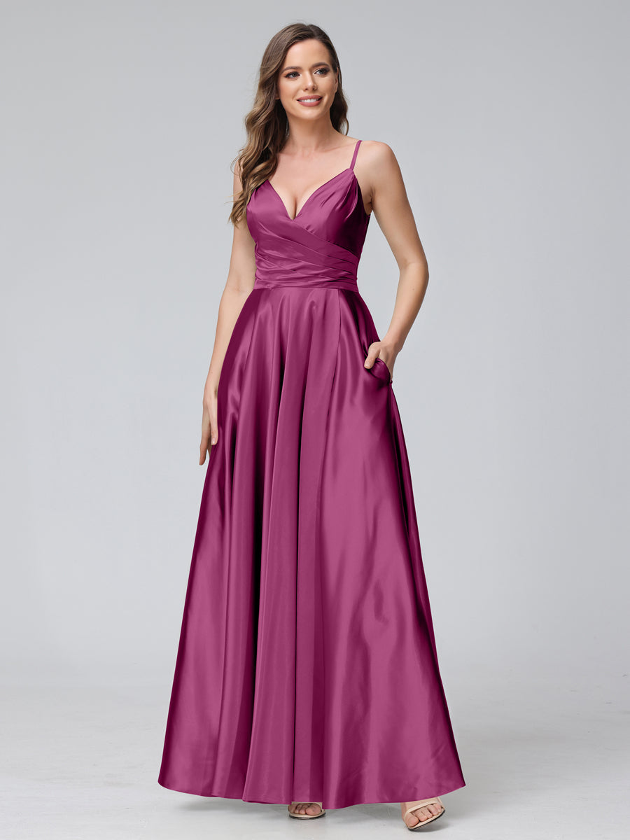 A-Line Sleeveless Long Silk Satin Bridesmaid Dresses with Pockets &amp; Split Side