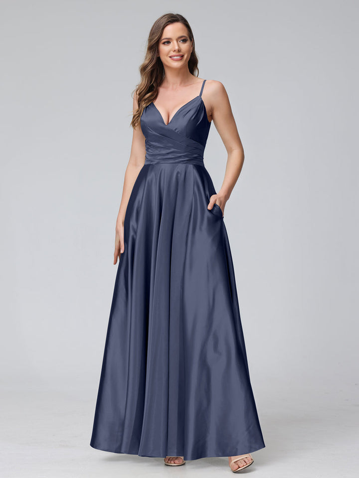 A-Line Sleeveless Long Silk Satin Bridesmaid Dresses with Pockets &amp; Split Side
