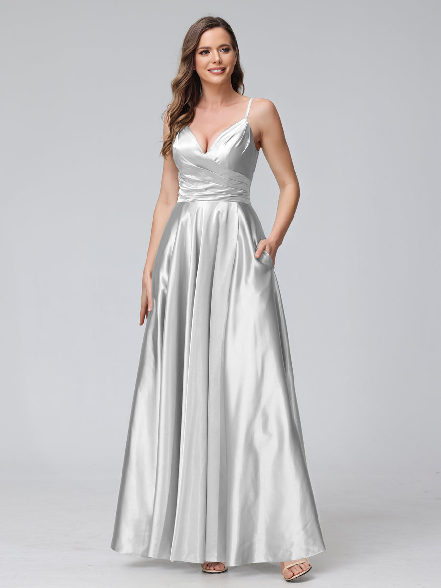 A-Line Sleeveless Long Silk Satin Bridesmaid Dresses with Pockets &amp; Split Side