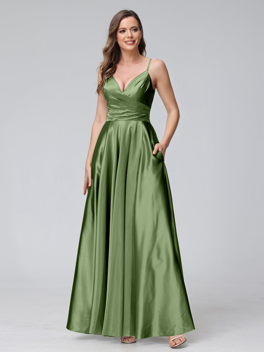 A-Line Sleeveless Long Silk Satin Bridesmaid Dresses with Pockets &amp; Split Side