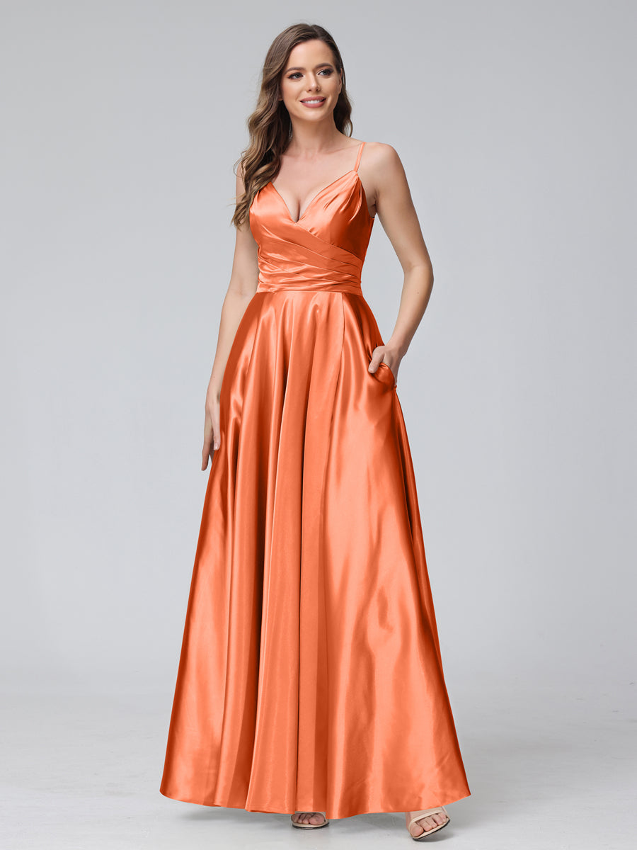 A-Line Sleeveless Long Silk Satin Bridesmaid Dresses with Pockets &amp; Split Side