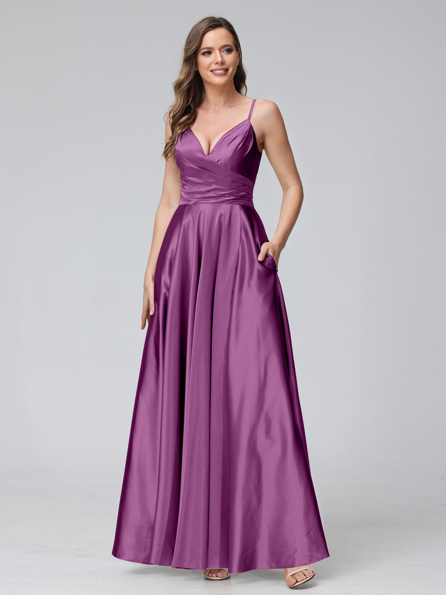 A-Line Sleeveless Long Silk Satin Bridesmaid Dresses with Pockets &amp; Split Side