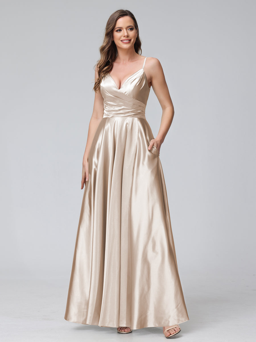 A-Line Sleeveless Long Silk Satin Bridesmaid Dresses with Pockets &amp; Split Side