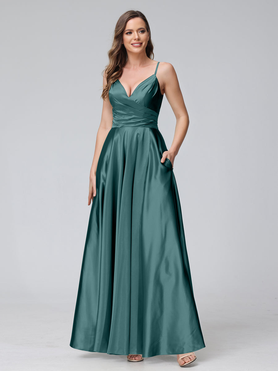 A-Line Sleeveless Long Silk Satin Bridesmaid Dresses with Pockets &amp; Split Side