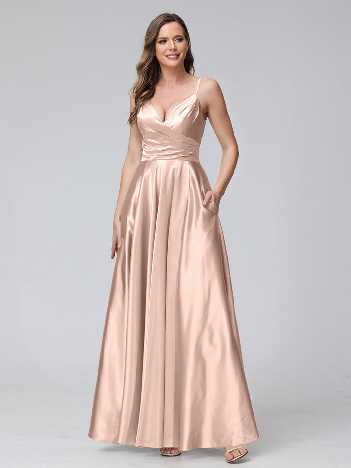 A-Line Sleeveless Long Silk Satin Bridesmaid Dresses with Pockets &amp; Split Side