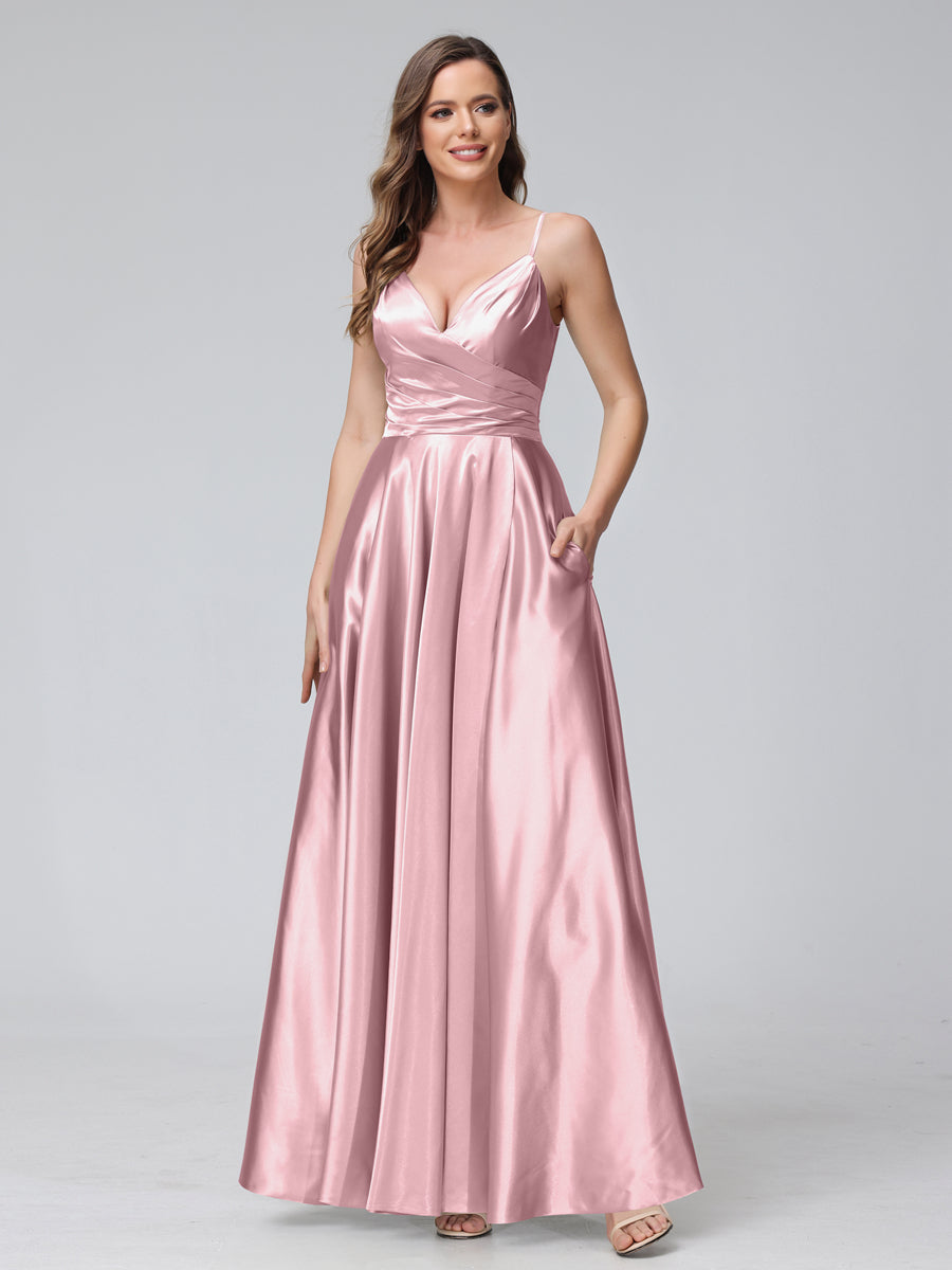 A-Line Sleeveless Long Silk Satin Bridesmaid Dresses with Pockets &amp; Split Side