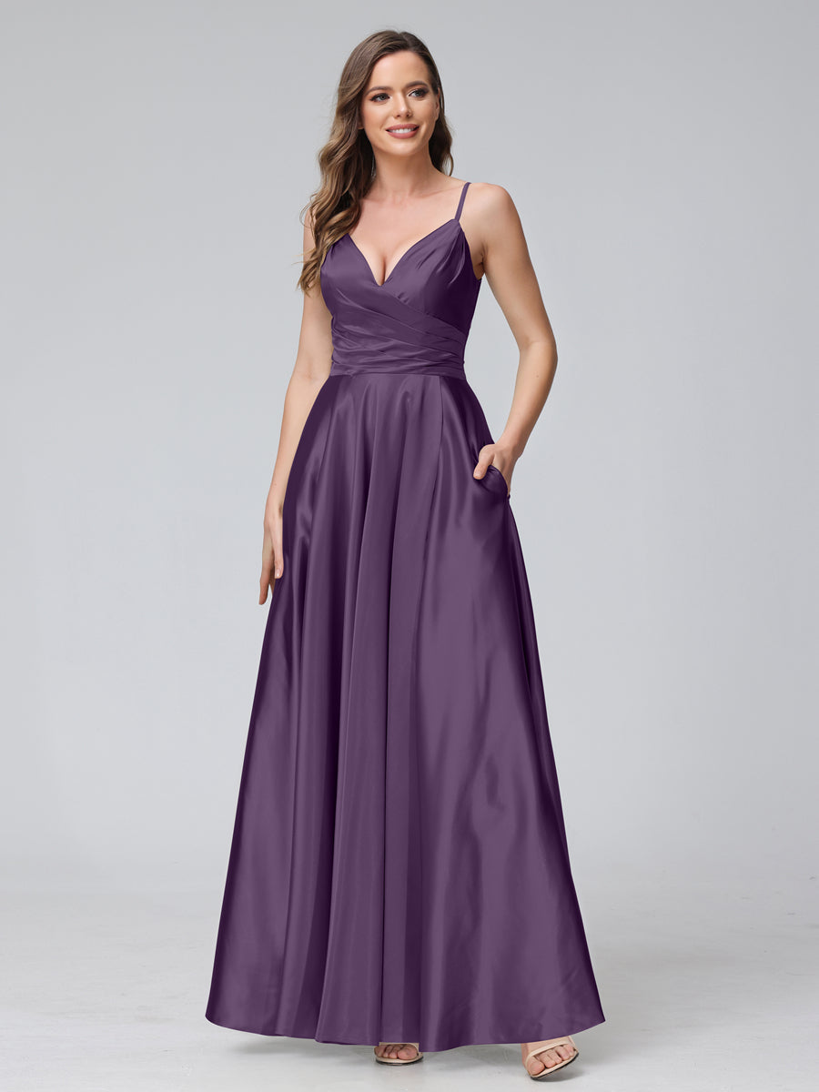 A-Line Sleeveless Long Silk Satin Bridesmaid Dresses with Pockets &amp; Split Side