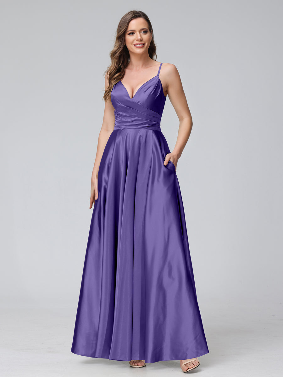A-Line Sleeveless Long Silk Satin Bridesmaid Dresses with Pockets &amp; Split Side