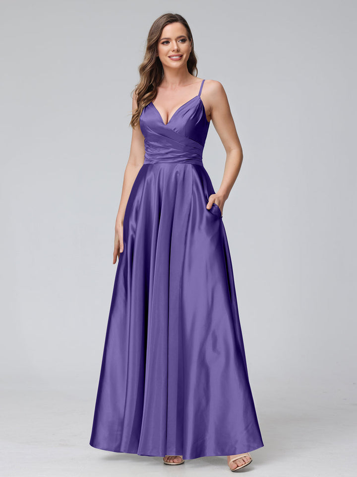 A-Line Sleeveless Long Silk Satin Bridesmaid Dresses with Pockets &amp; Split Side