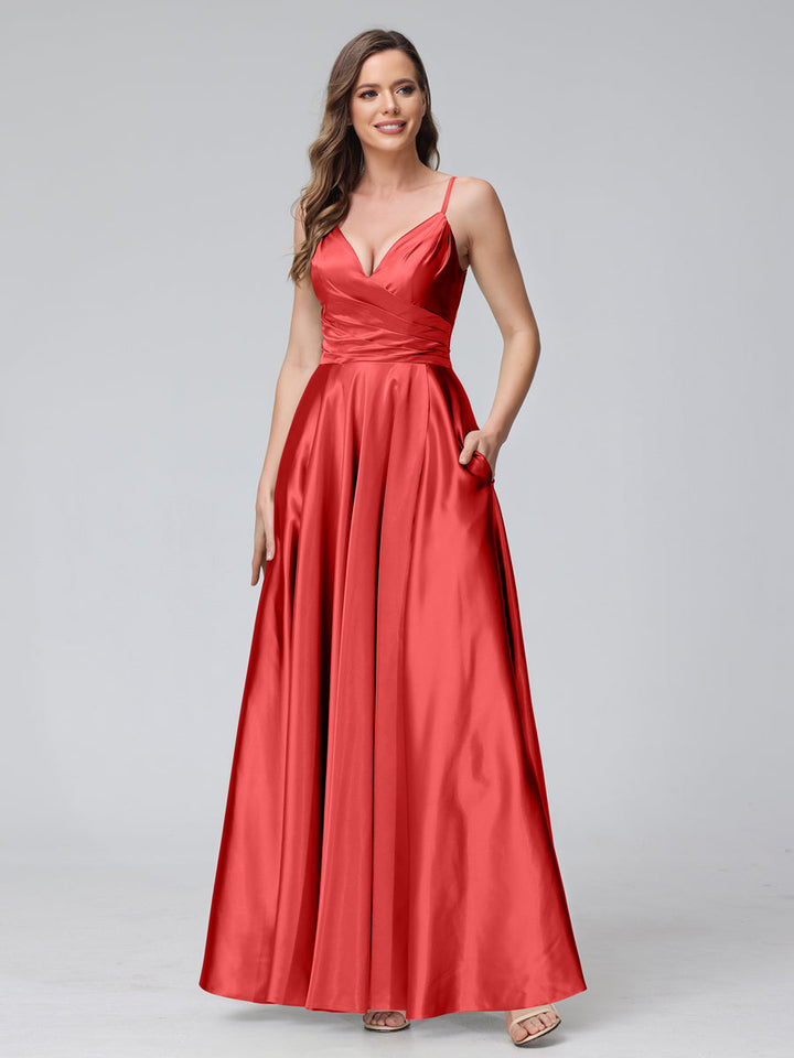 A-Line Sleeveless Long Silk Satin Bridesmaid Dresses with Pockets &amp; Split Side