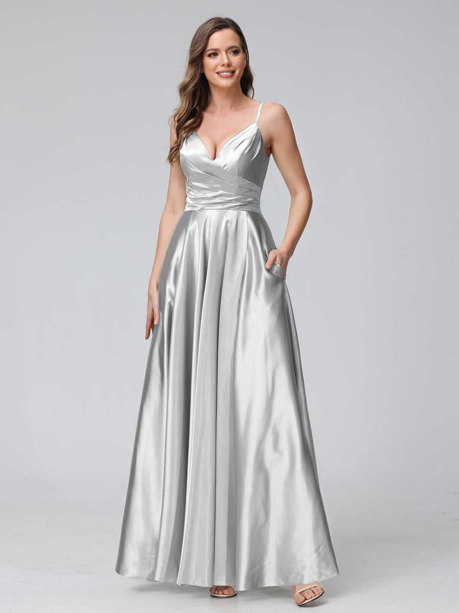 A-Line Sleeveless Long Silk Satin Bridesmaid Dresses with Pockets &amp; Split Side