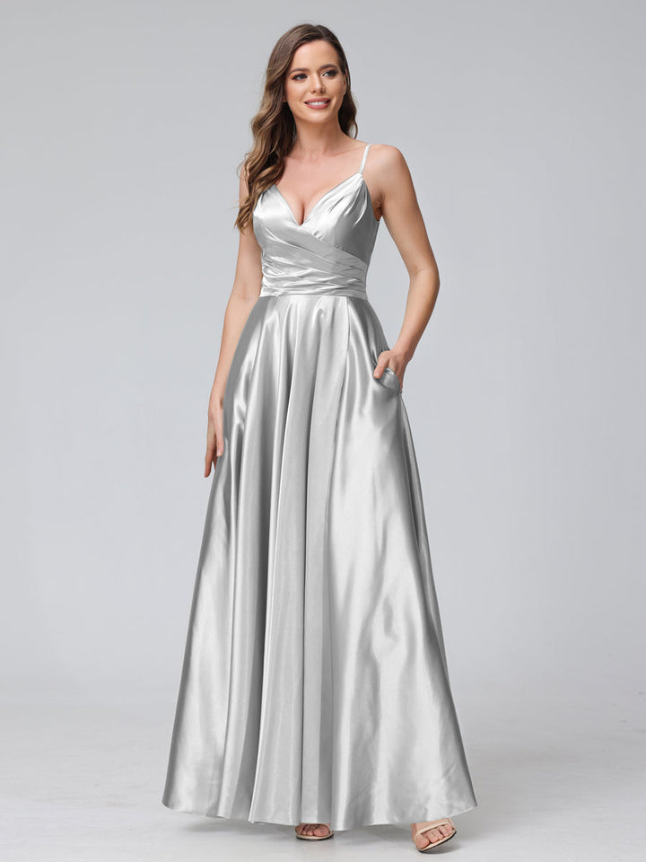 A-Line Sleeveless Long Silk Satin Bridesmaid Dresses with Pockets &amp; Split Side