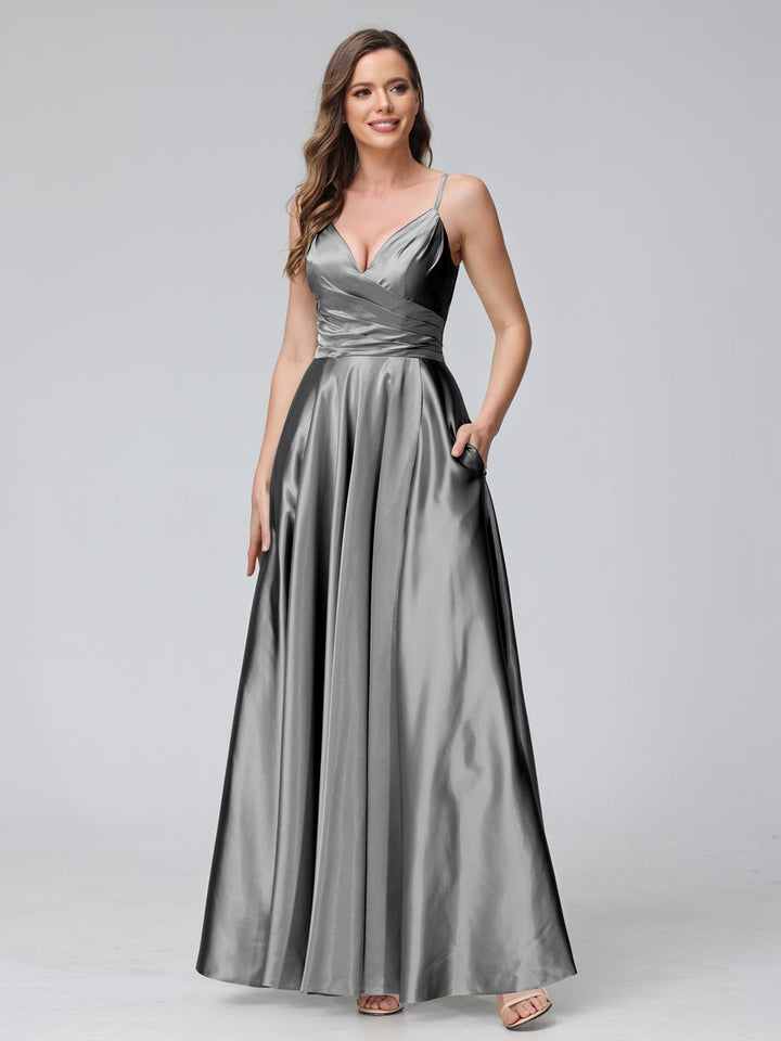 A-Line Sleeveless Long Silk Satin Bridesmaid Dresses with Pockets &amp; Split Side