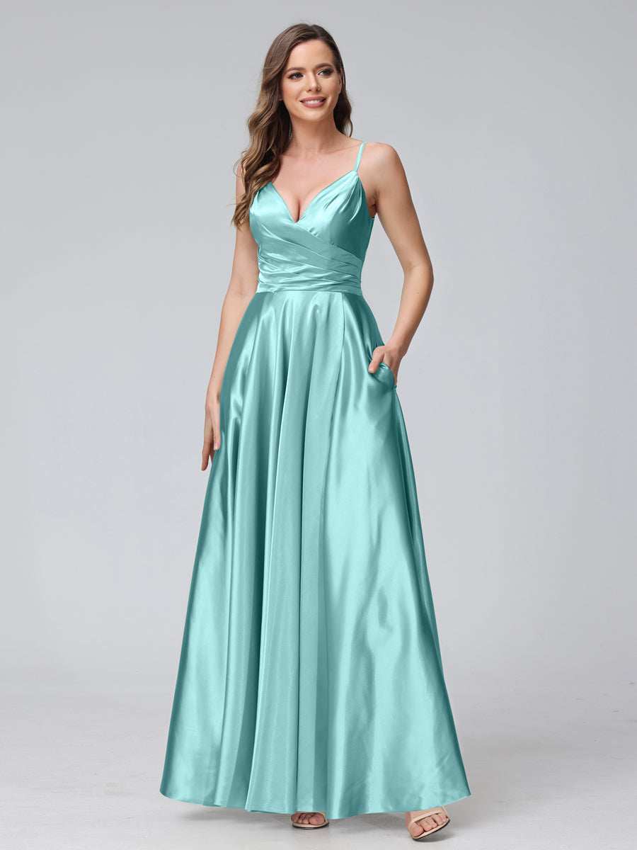 A-Line Sleeveless Long Silk Satin Bridesmaid Dresses with Pockets &amp; Split Side