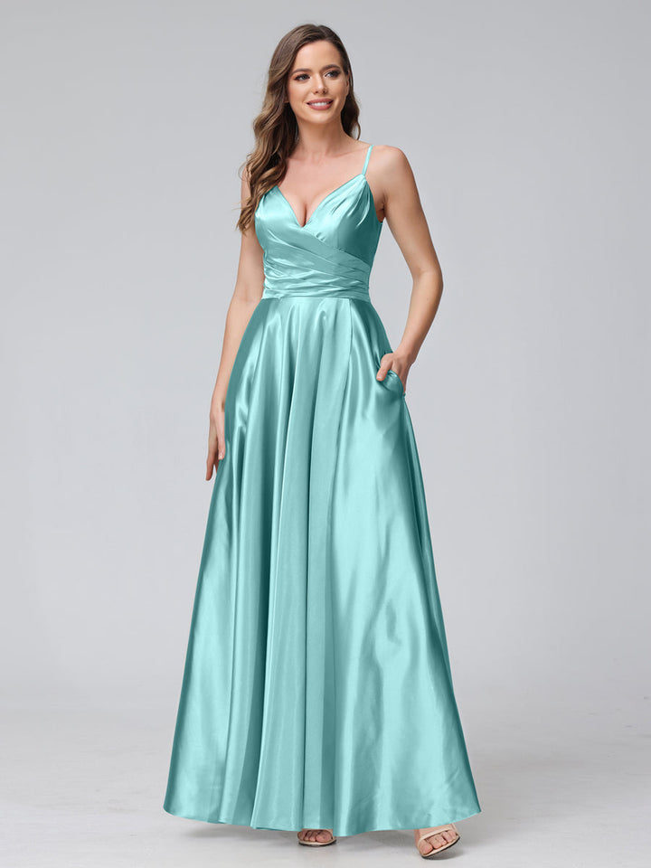 A-Line Sleeveless Long Silk Satin Bridesmaid Dresses with Pockets &amp; Split Side