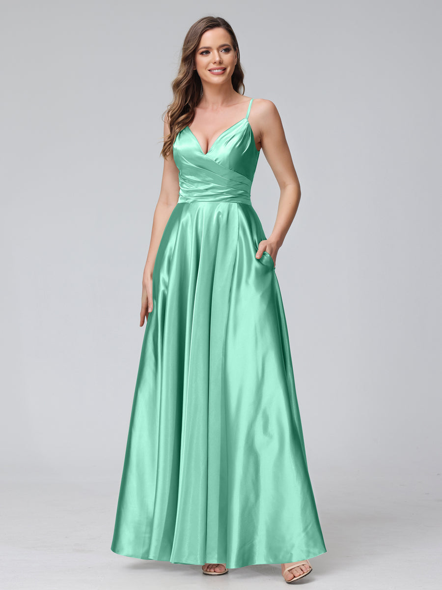 A-Line Sleeveless Long Silk Satin Bridesmaid Dresses with Pockets &amp; Split Side