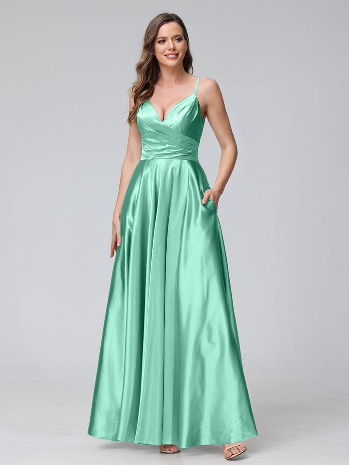 A-Line Sleeveless Long Silk Satin Bridesmaid Dresses with Pockets &amp; Split Side
