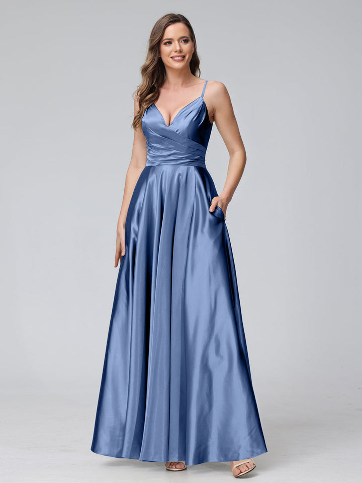 A-Line Sleeveless Long Silk Satin Bridesmaid Dresses with Pockets &amp; Split Side