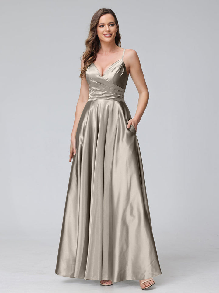 A-Line Sleeveless Long Silk Satin Bridesmaid Dresses with Pockets &amp; Split Side