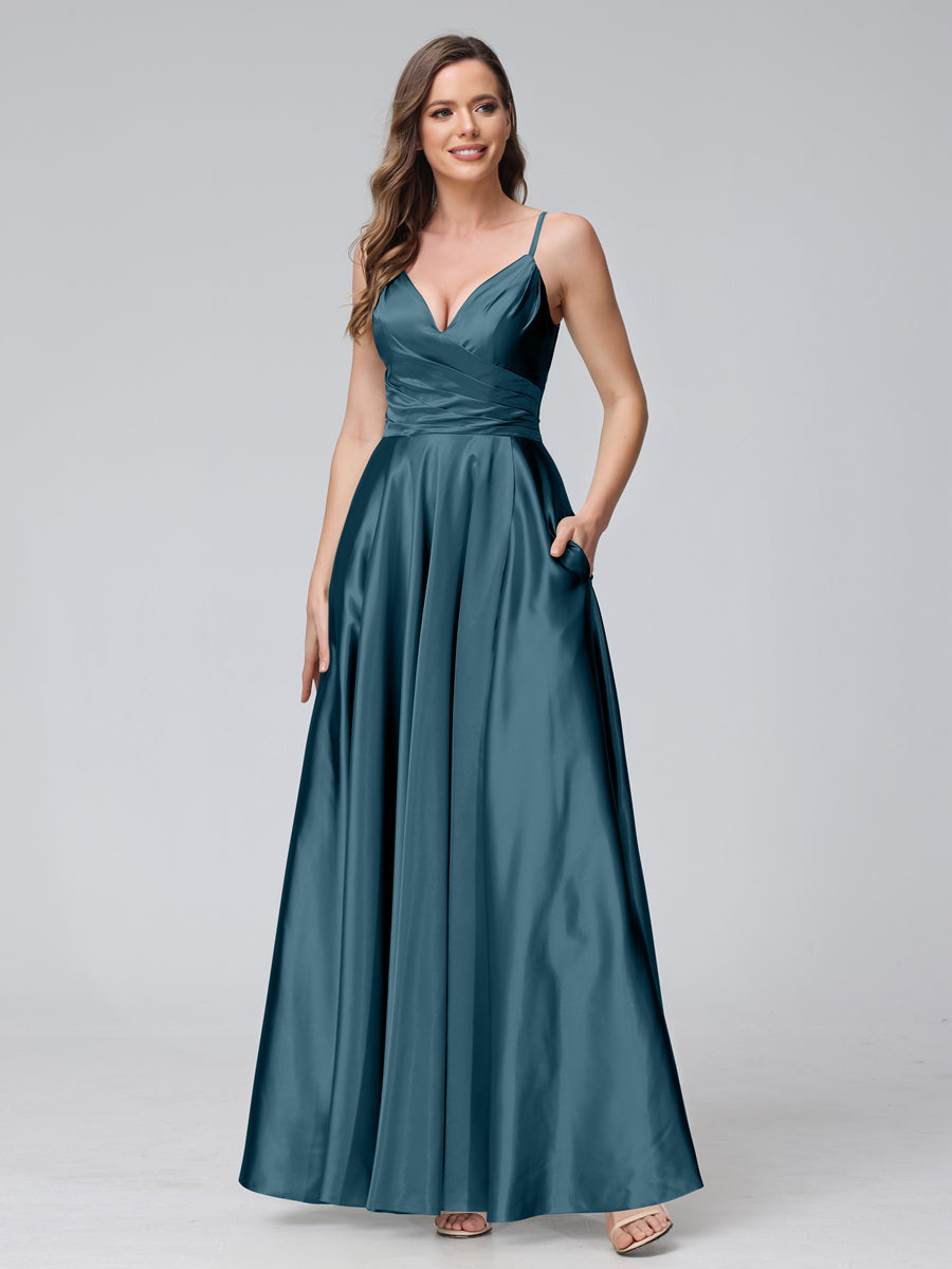 A-Line Sleeveless Long Silk Satin Bridesmaid Dresses with Pockets &amp; Split Side