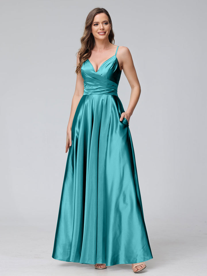 A-Line Sleeveless Long Silk Satin Bridesmaid Dresses with Pockets &amp; Split Side
