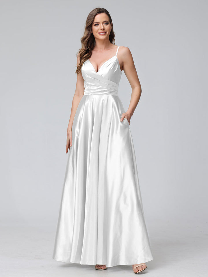 A-Line Sleeveless Long Silk Satin Bridesmaid Dresses with Pockets &amp; Split Side