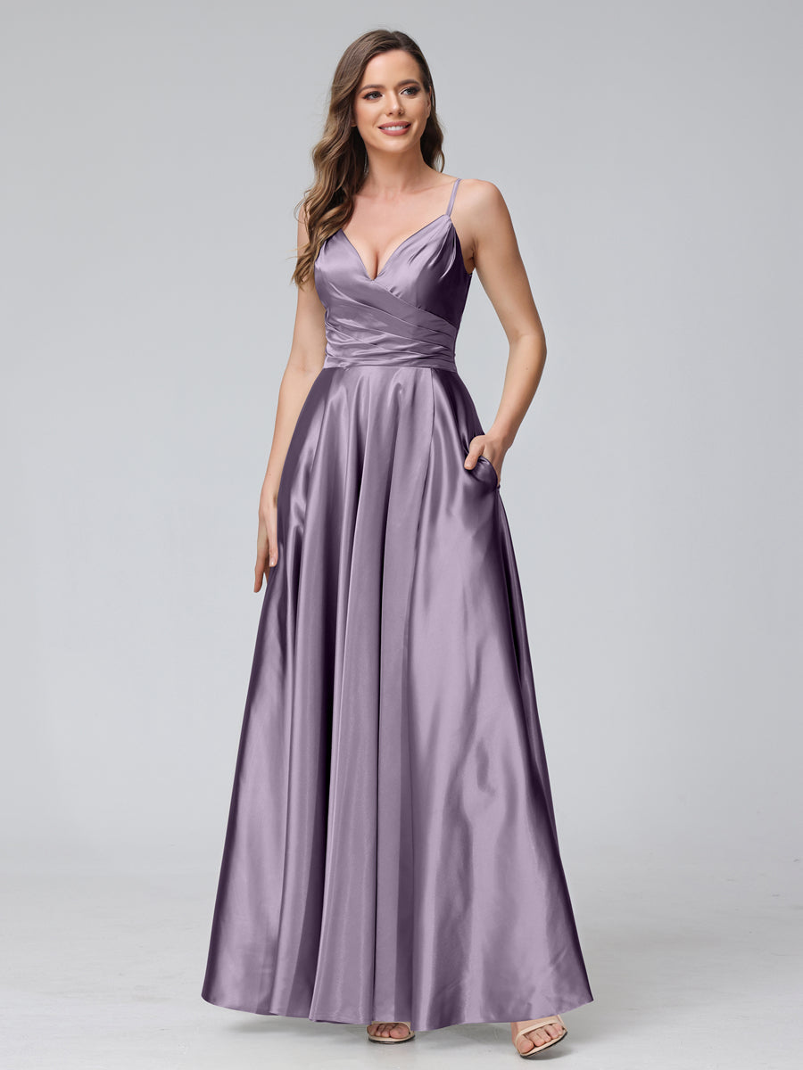 A-Line Sleeveless Long Silk Satin Bridesmaid Dresses with Pockets &amp; Split Side