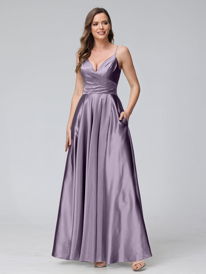 A-Line Sleeveless Long Silk Satin Bridesmaid Dresses with Pockets &amp; Split Side