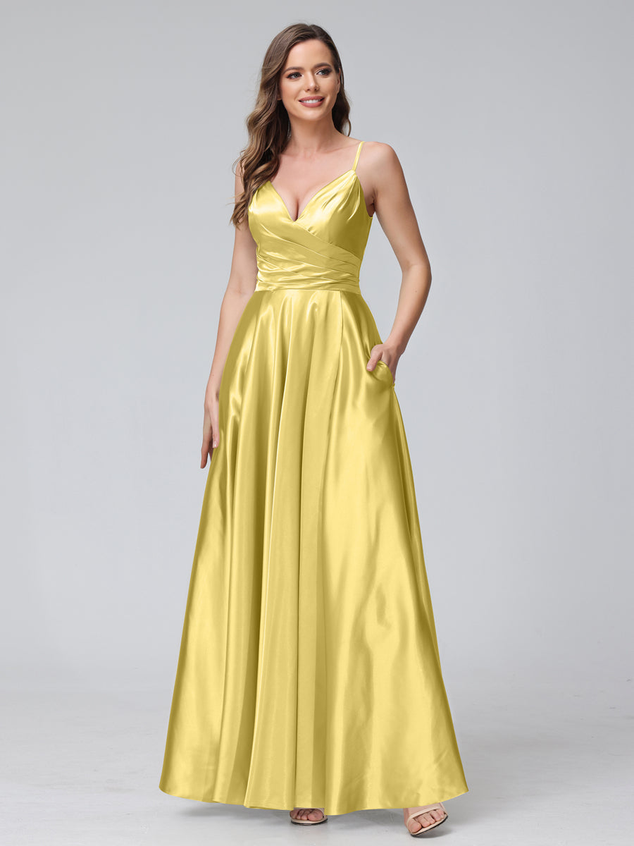 A-Line Sleeveless Long Silk Satin Bridesmaid Dresses with Pockets &amp; Split Side