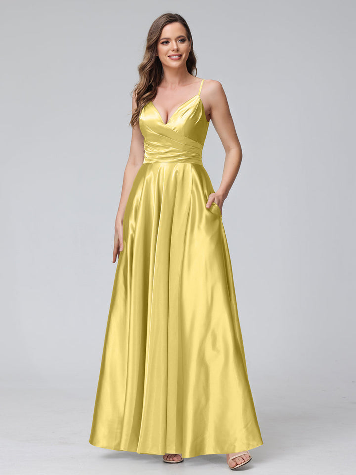 A-Line Sleeveless Long Silk Satin Bridesmaid Dresses with Pockets &amp; Split Side