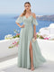 A-Line V-Neck Chiffon Long Bridesmaid Dresses With Split Side & Spaghetti Straps