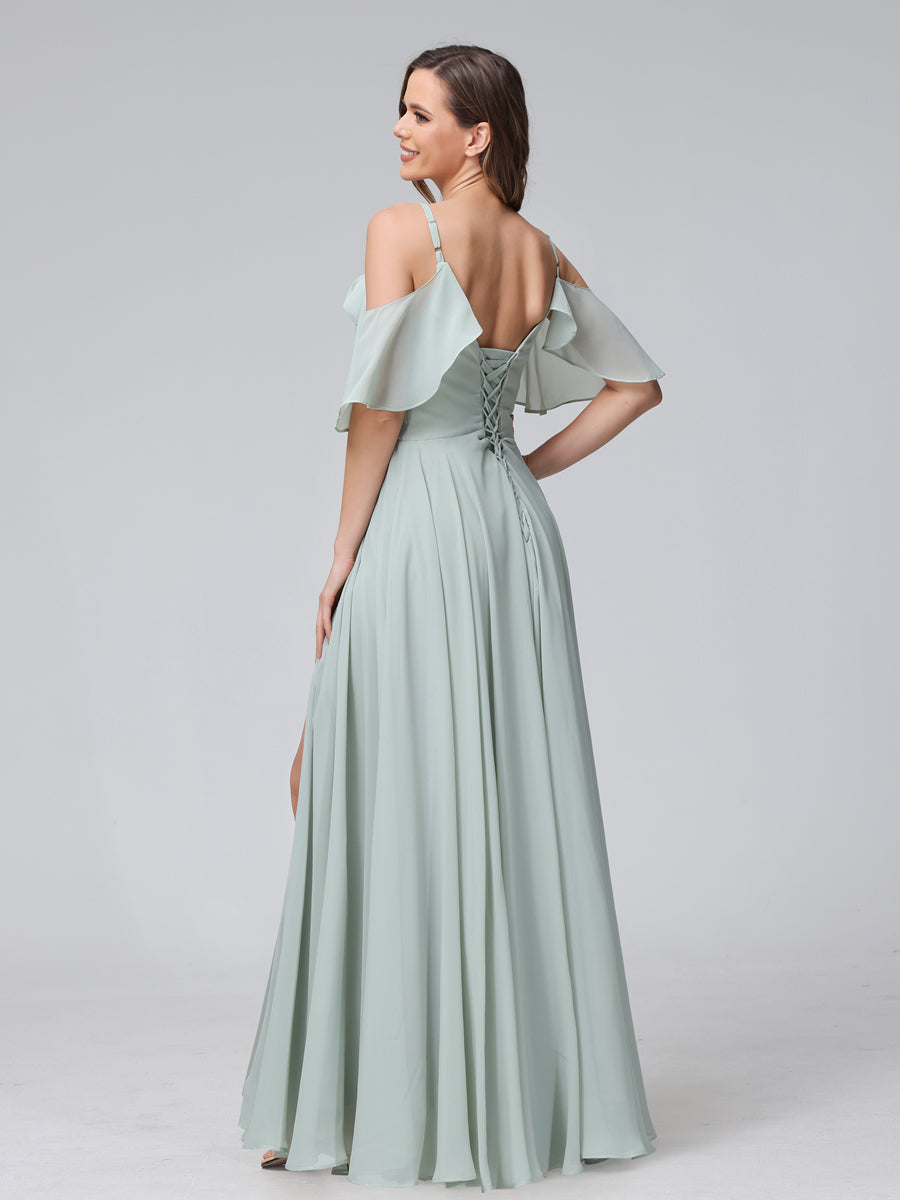 A-Line V-Neck Chiffon Long Bridesmaid Dresses With Split Side &amp; Spaghetti Straps