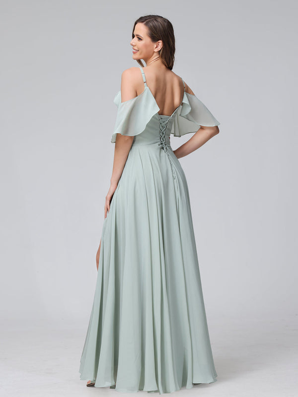 A-Line V-Neck Chiffon Long Bridesmaid Dresses With Split Side & Spaghetti Straps