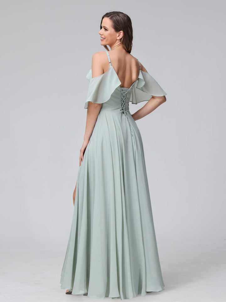 A-Line V-Neck Chiffon Long Bridesmaid Dresses With Split Side &amp; Spaghetti Straps