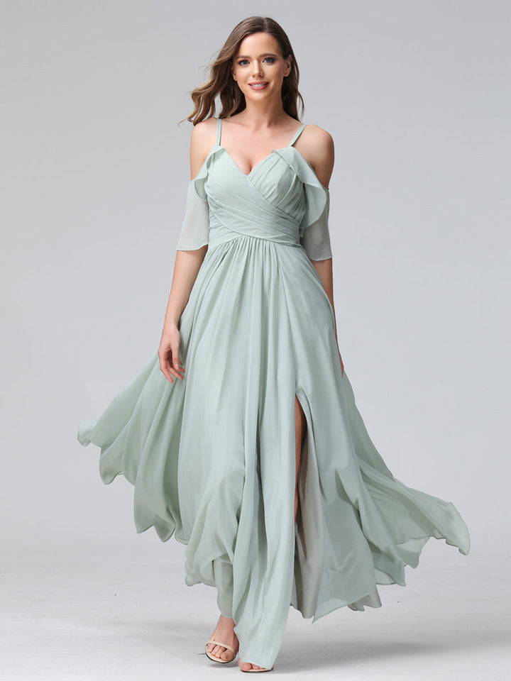A-Line V-Neck Chiffon Long Bridesmaid Dresses With Split Side &amp; Spaghetti Straps