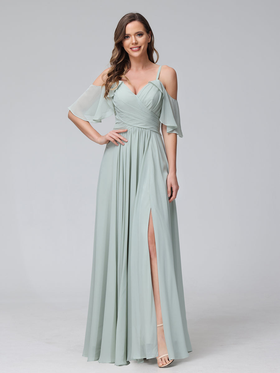 A-Line V-Neck Chiffon Long Bridesmaid Dresses With Split Side &amp; Spaghetti Straps