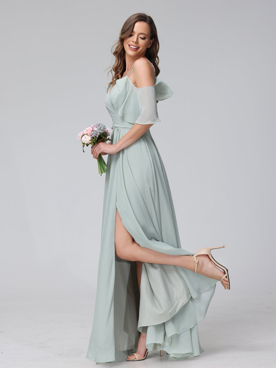 A-Line V-Neck Chiffon Long Bridesmaid Dresses With Split Side &amp; Spaghetti Straps