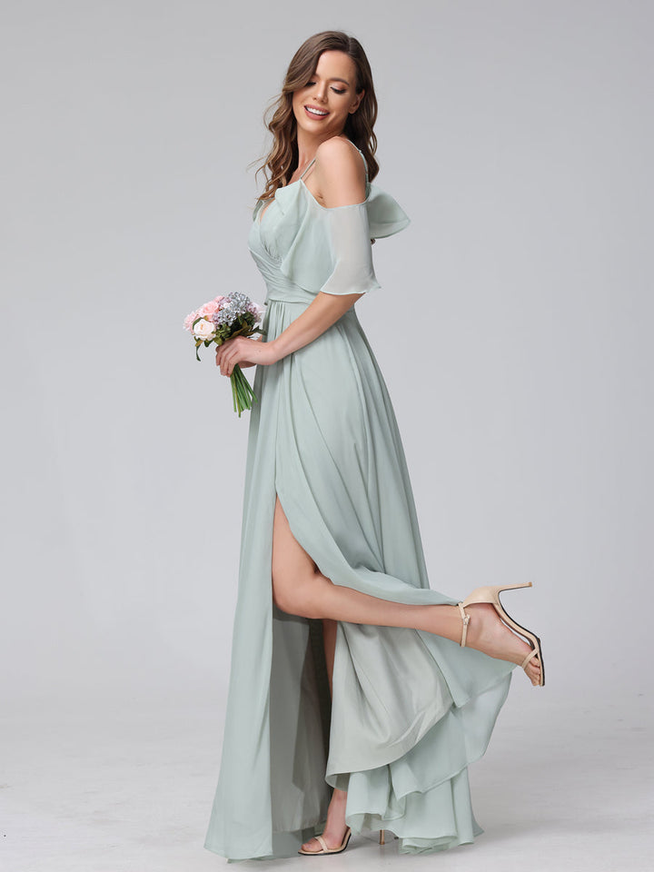 A-Line V-Neck Chiffon Long Bridesmaid Dresses With Split Side &amp; Spaghetti Straps