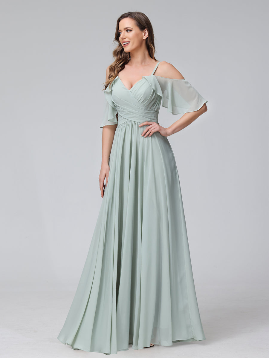 A-Line V-Neck Chiffon Long Bridesmaid Dresses With Split Side &amp; Spaghetti Straps