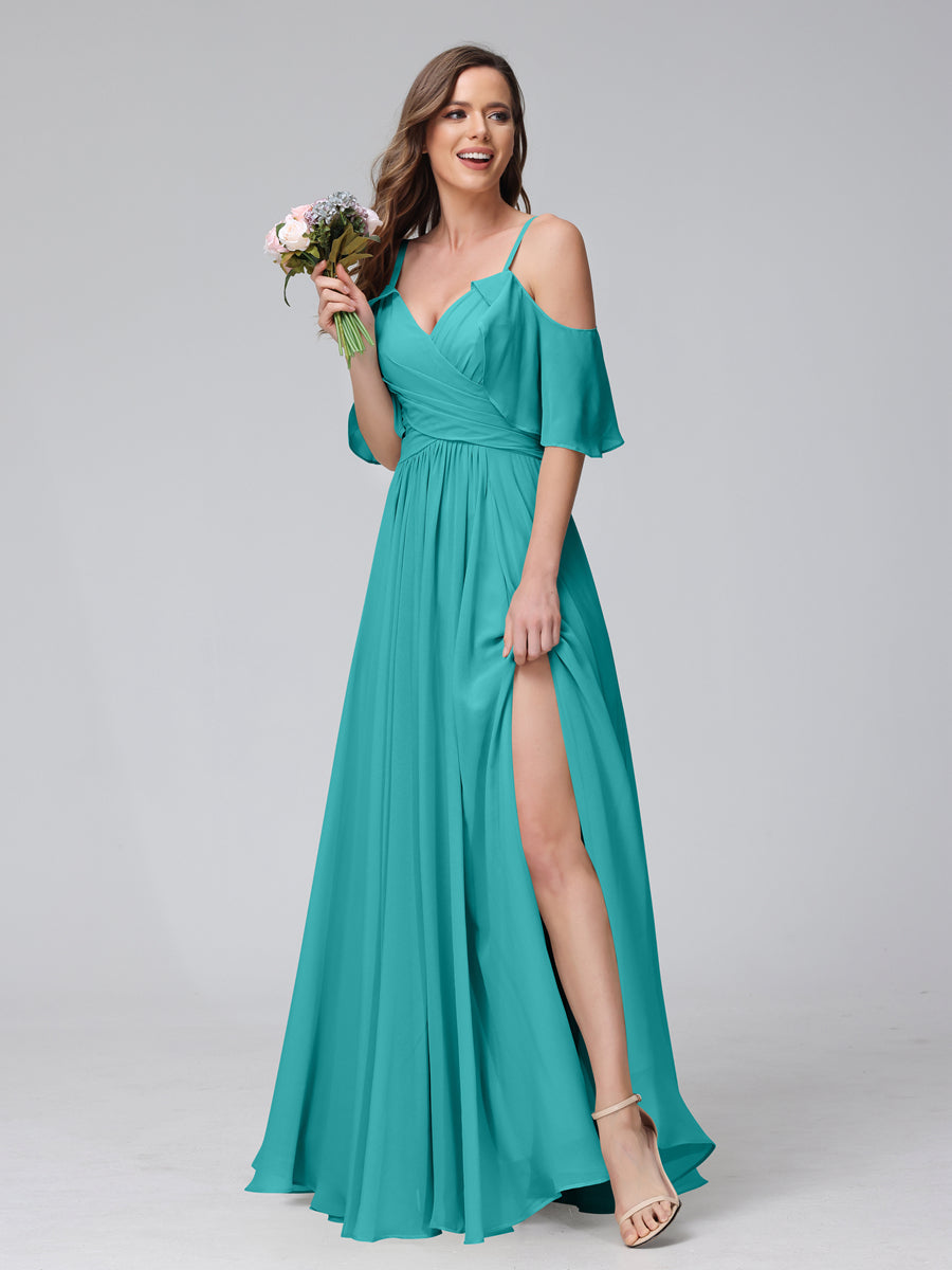 A-Line V-Neck Chiffon Long Bridesmaid Dresses With Split Side &amp; Spaghetti Straps