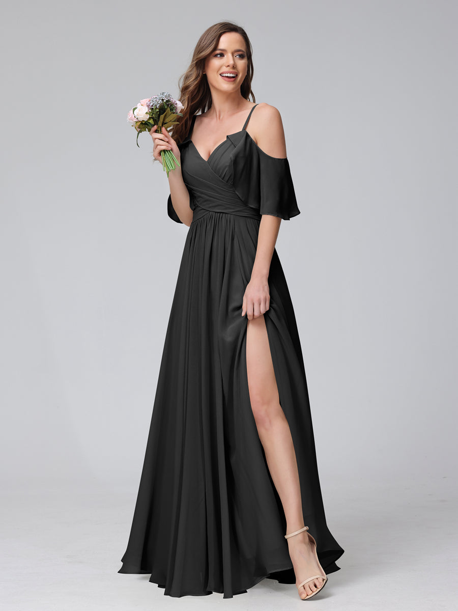A-Line V-Neck Chiffon Long Bridesmaid Dresses With Split Side &amp; Spaghetti Straps