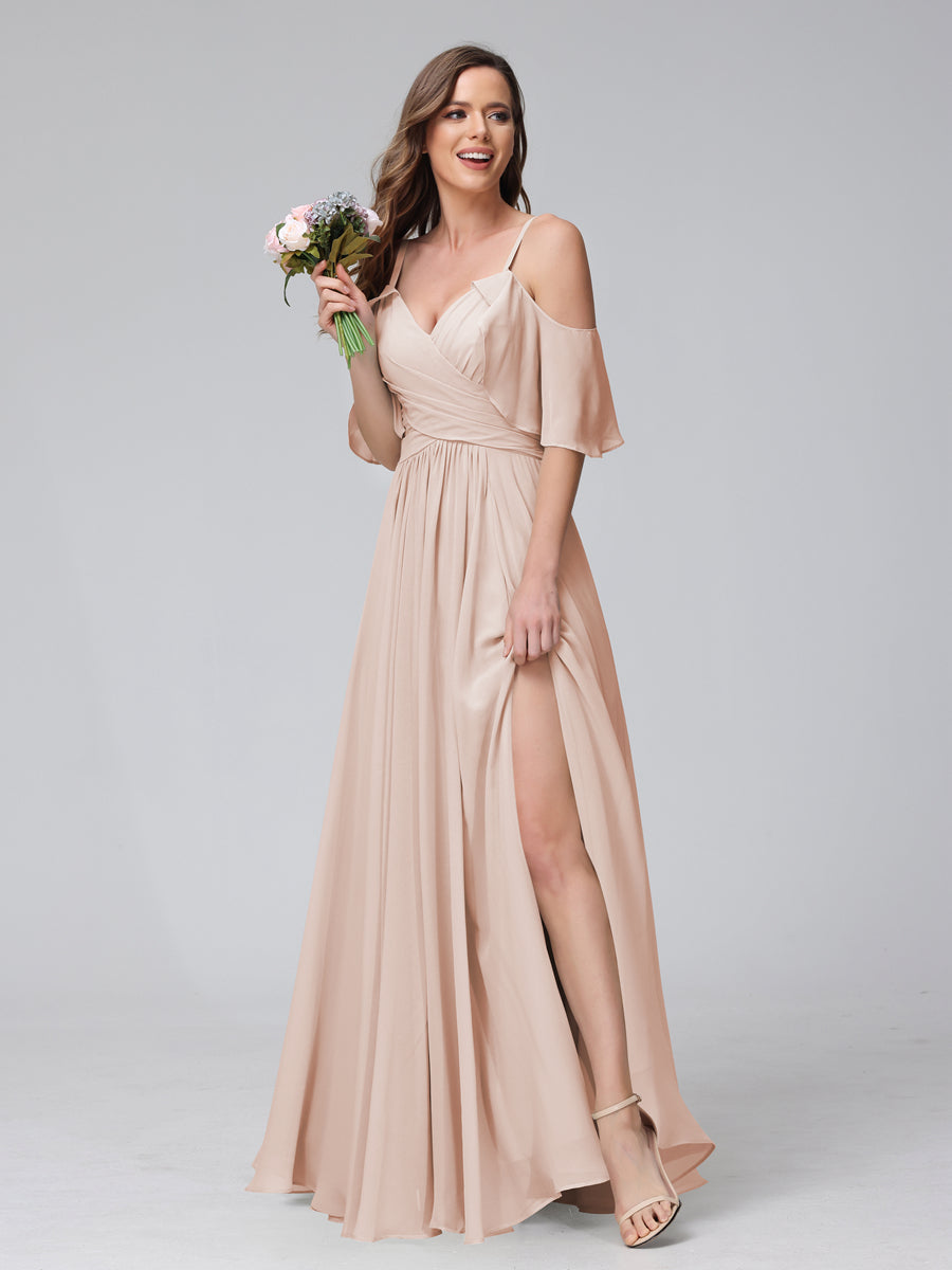 A-Line V-Neck Chiffon Long Bridesmaid Dresses With Split Side &amp; Spaghetti Straps