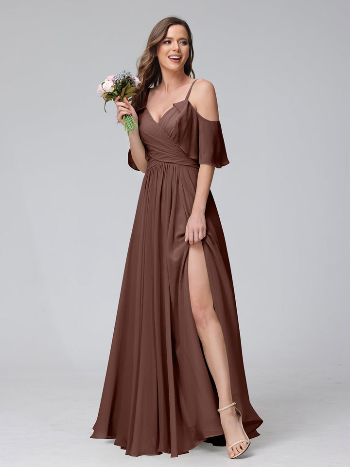 A-Line V-Neck Chiffon Long Bridesmaid Dresses With Split Side &amp; Spaghetti Straps