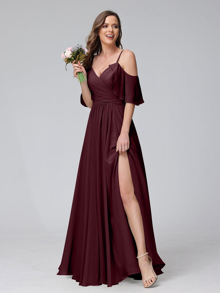 A-Line V-Neck Chiffon Long Bridesmaid Dresses With Split Side &amp; Spaghetti Straps