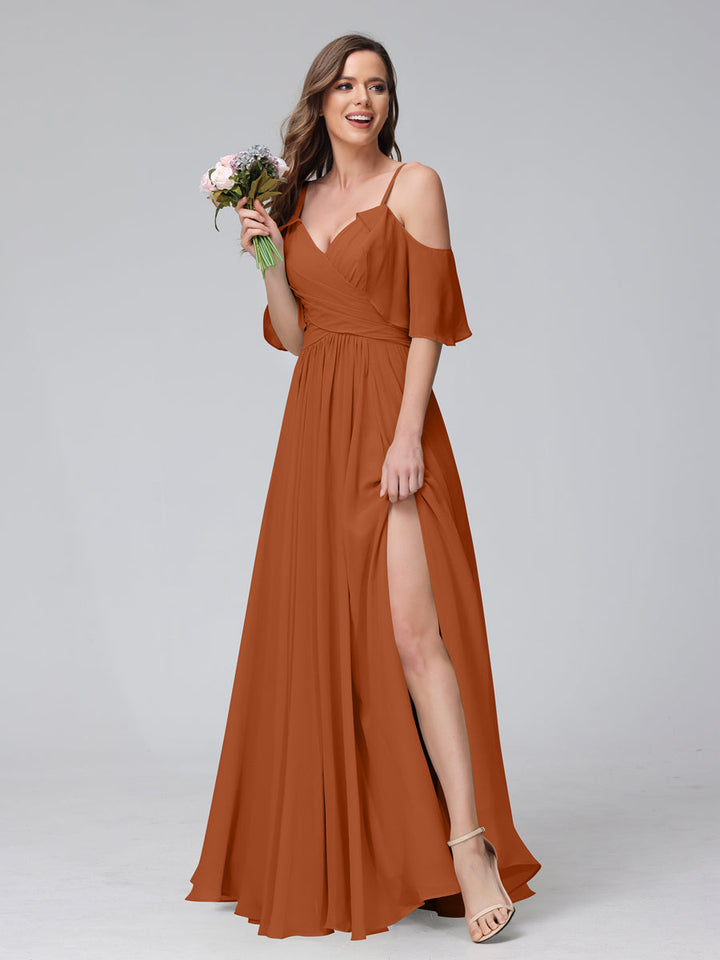 A-Line V-Neck Chiffon Long Bridesmaid Dresses With Split Side &amp; Spaghetti Straps