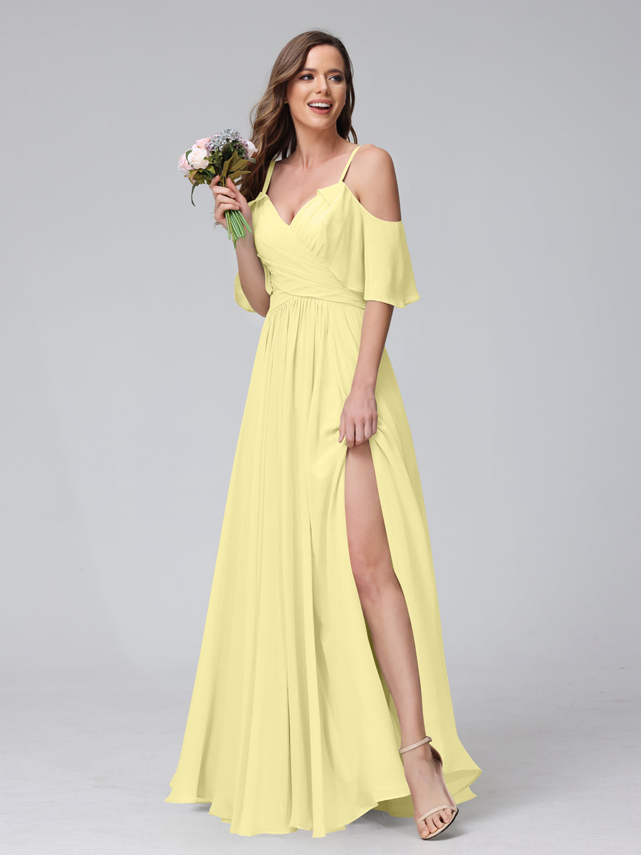 A-Line V-Neck Chiffon Long Bridesmaid Dresses With Split Side &amp; Spaghetti Straps