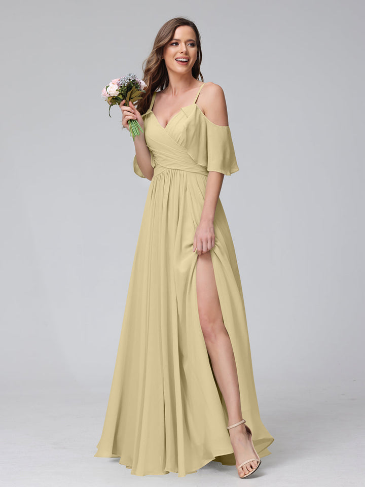 A-Line V-Neck Chiffon Long Bridesmaid Dresses With Split Side &amp; Spaghetti Straps