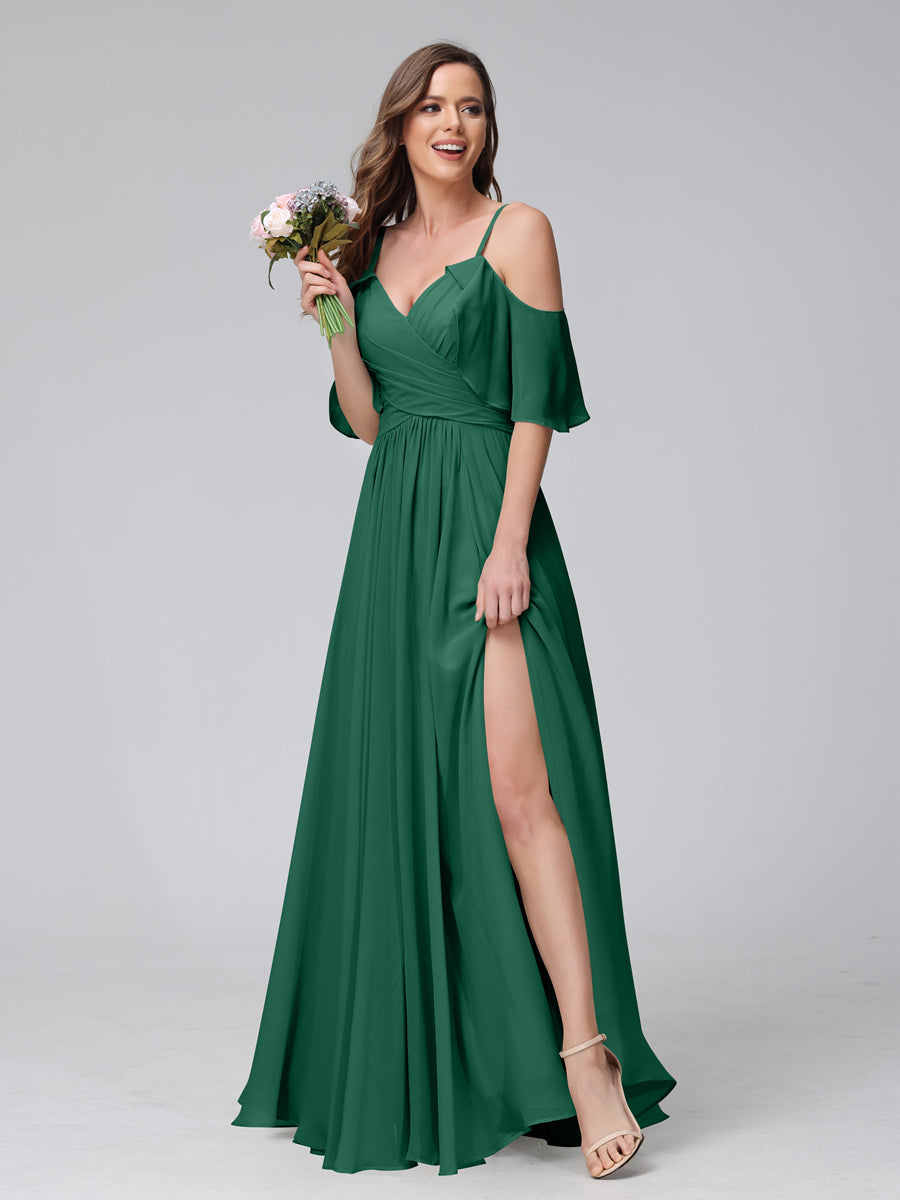 A-Line V-Neck Chiffon Long Bridesmaid Dresses With Split Side &amp; Spaghetti Straps